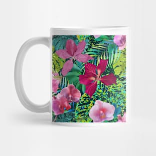 Dark tropical flowers and palm leaves Orchids, Bauhinia flowers watercolor exotic printloral seamless pattern Mug